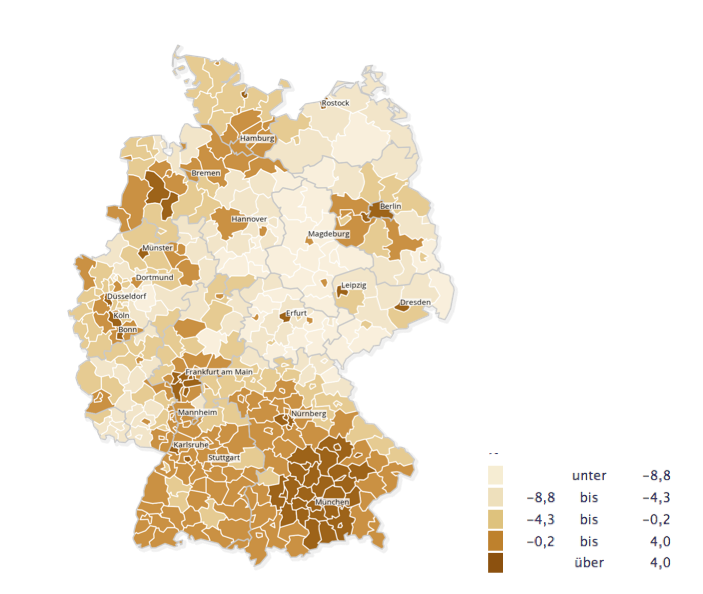 Bevölkerungsprognose 2015–2025 in Prozent. Quelle: RIWIS