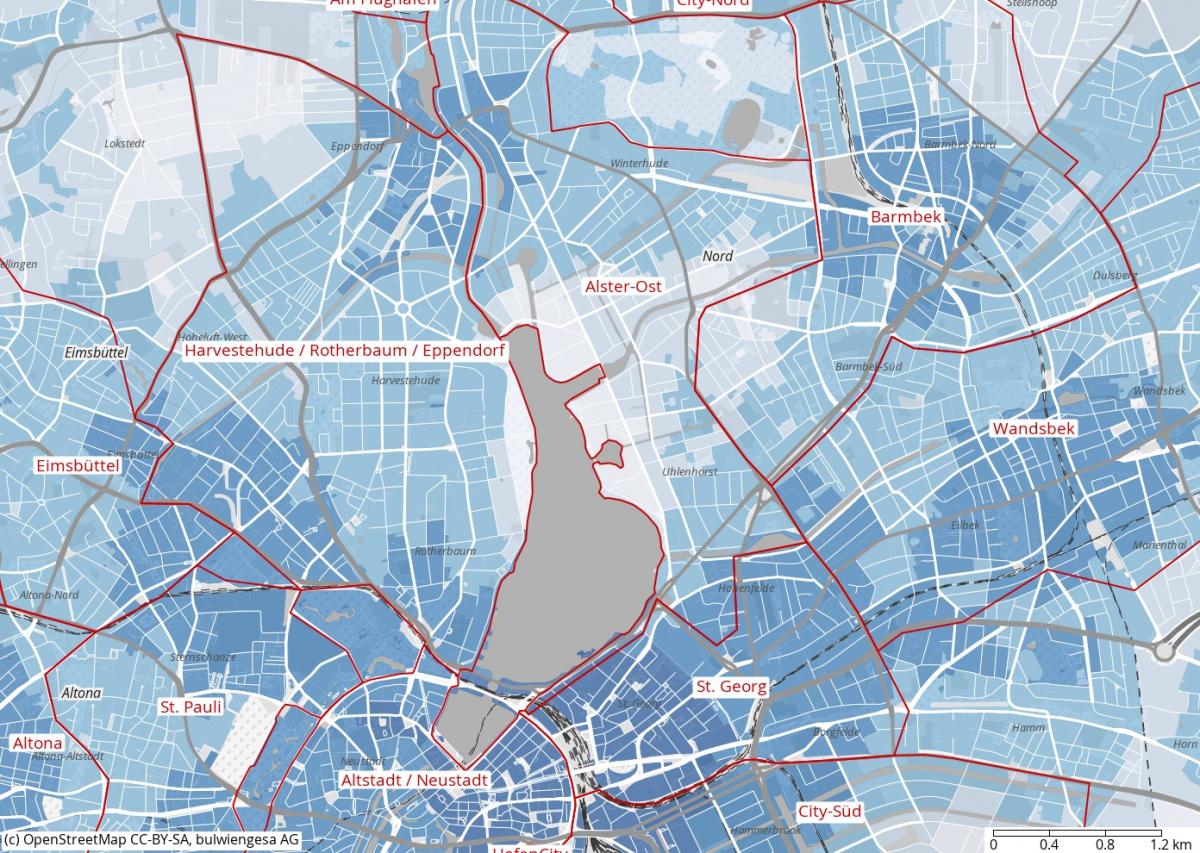 ÖPNV-Erreichbarkeit und Büroteilräume in Hamburg (dunkelblau = sehr gute Anbindung)